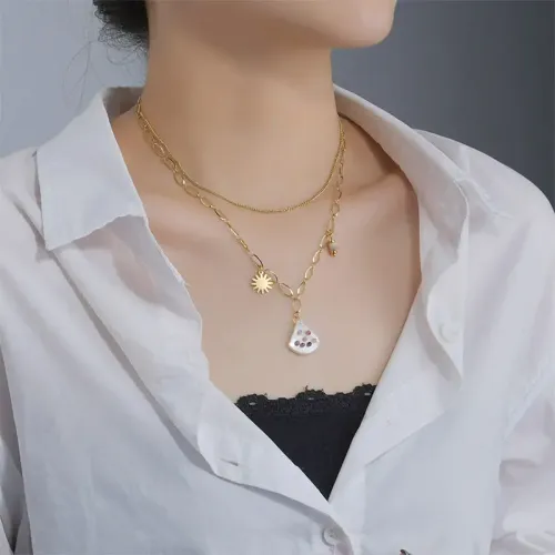 NTM3354 14K Gold Shell Dress Rhinestone Double Layer Necklace for Women Stainless Steel