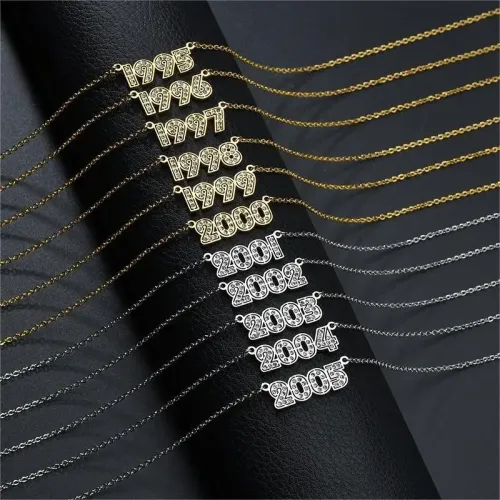 NTM3715 Diamond Studded Year Number Pendant Necklace Stainless Steel Collar Chain