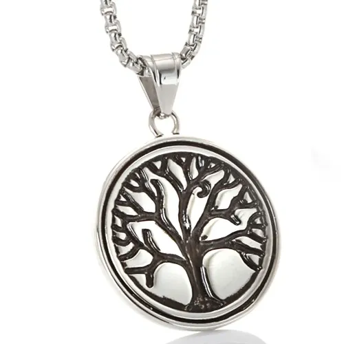 NTM2259 Tree of Life Round Pendant Blackened Stainless Steel Necklace