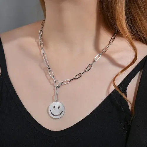 NTM3801 Dongdaemun Style Double Layered Necklace with Hollow Smiley Pendant Women's Sweater Chain