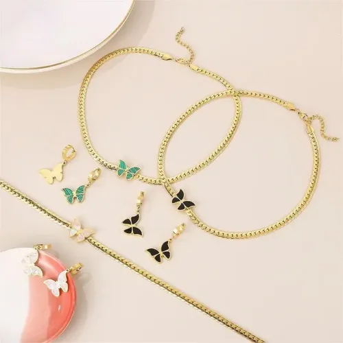 NTM3081 18K Gold Cuban Snake Chain Butterfly Pendant Necklace and Earrings Set Stainless Steel
