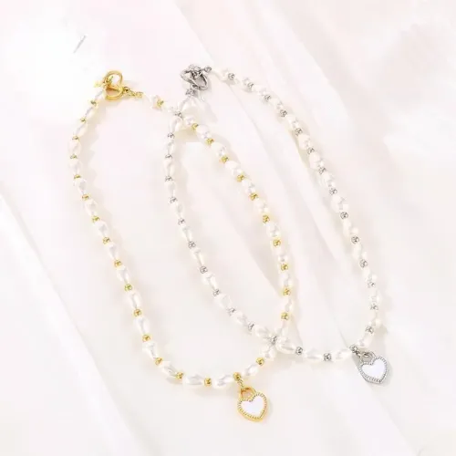 NTM3108 Heart Shaped Pearl Stainless Steel Necklace with Enamel Peach Pendant OT Clasp for Women