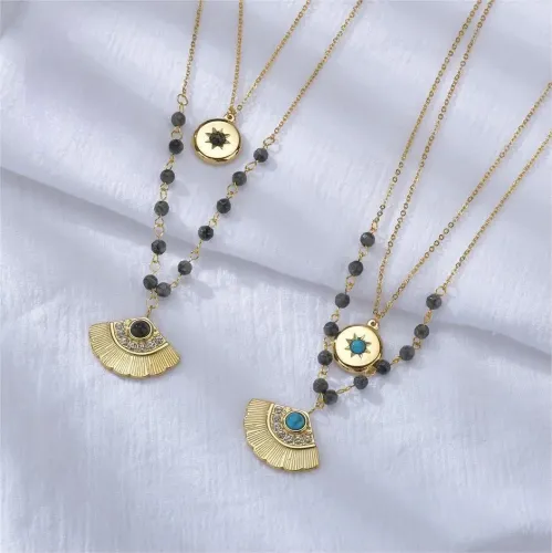 NTM3398 14K Gold Double Layer Turquoise Diamond Ginkgo Leaf Necklace Stainless Steel Sun Star Pendant