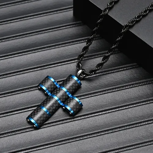 NTM1214 Custom Men's Necklace with Blue Carbon Fiber Cross Stainless Steel Pendant