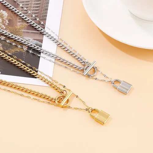NTM2934 Unisex Padlock Pendant Sweater Chain Necklace Stylish Lock Shaped Jewelry