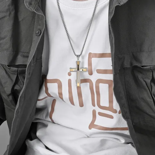 NTM1218 Custom 8 Piece Dual Tone Riveted Cross Pendant Men's Stainless Steel Commuter Necklace