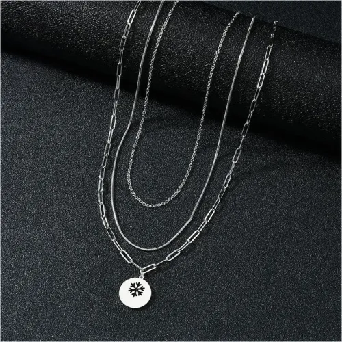 NTM3418 Multi Layer Stainless Steel Hollow Snowflake Pendant S Circle Necklace Clavicle Chain