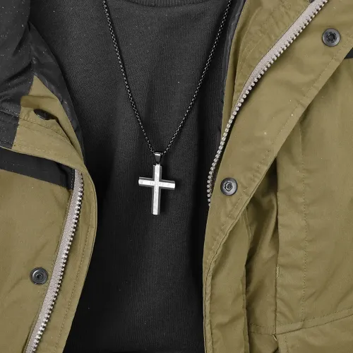 NTM1206 Couples' Cross Pendant Necklace with Hammered Texture Inlay and Bark Pattern Design