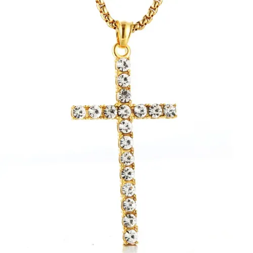 NTM2150 Full Diamond Cross Pendant Necklace for Women Stainless Steel Encrusted Cross Charm