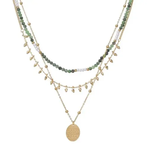 NTM3726 14K Gold Beaded Multi Layer Necklace for Women with Stainless Steel Round Pendant