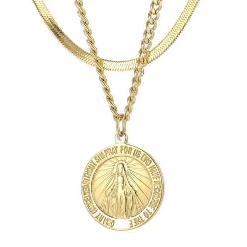 NTM2907 Layered Alphabet Virgin Mary Coin Necklace English engrave Pendant