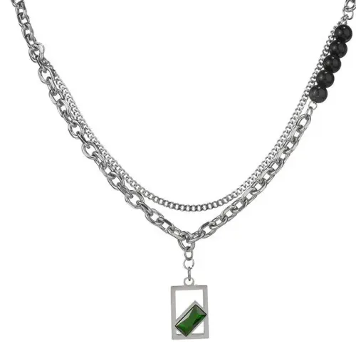 NTM3557 Double Layered Green Square Diamond Pendant Necklace for Women Stainless Steel Clavicle Chain