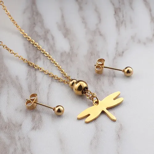 NTM2524 18K Gold Dragonfly Necklace and Earring Set Street Vendor Chic Women's Jewelry