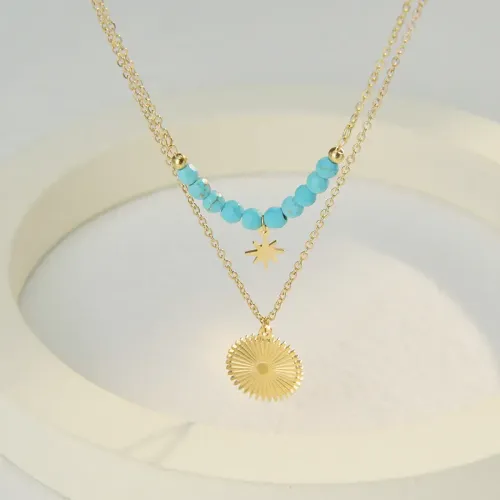 NTM3373 14K Gold Double Layered Turquoise Necklace for Women Stainless Steel Jewelry