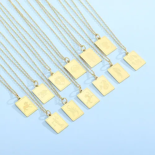 NTM3022 Gold Zodiac Sign Pendant Necklace Stainless Steel Astrology Jewelry for Men Women