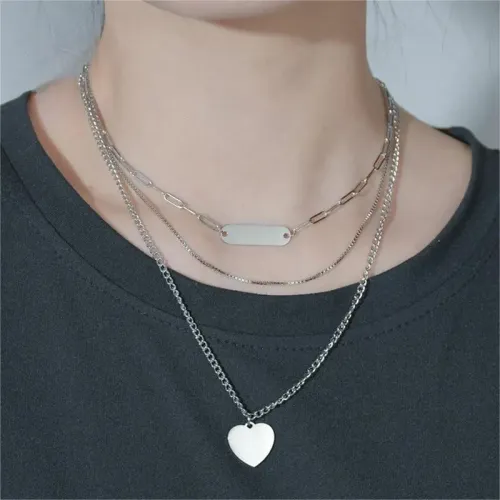 NTM3442 Multi Layer Heart Pendant Clavicle Chain Necklace Stainless Steel Fashion Jewelry