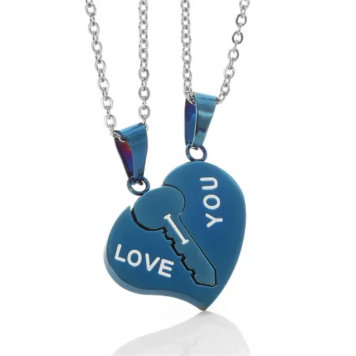 NTM2306 Heart Key Pendant Blue Stainless Steel LOVE Necklace Jewelry