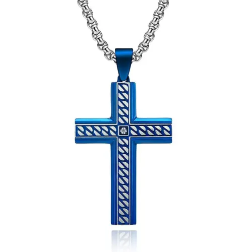 NTM1194 Etched Chain Pattern Cross Necklace 3D Beveled Stone Inlay Stainless Steel Pendant