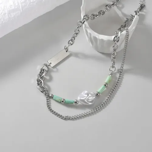 NTM3695 Dual Layer Sweater Chain with Jade Bamboo Stainless Steel for Women