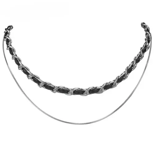NTM3694 Double Layered Black Leather Cord Necklace with OT Clasp for Women Stainless Steel