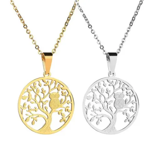 NTM3791 Stainless Steel Life Tree Owl Pendant Necklace for Women Hollow Round Charm