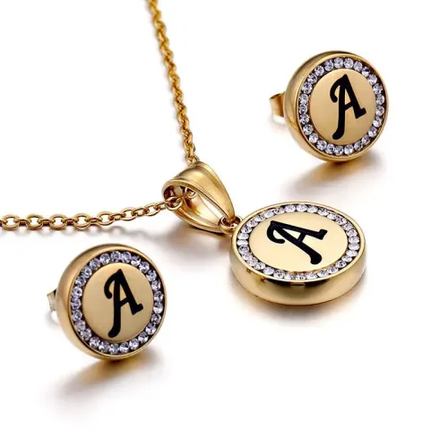 NTM2659 Gold Stainless Steel Jewelry Set: 26 Letter Diamond Studded Circular Necklace Earrings