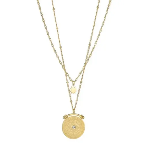 NTM3329 Double Layered Stainless Steel Starburst Pendant Necklace with Crystals for Women Sweater Chain