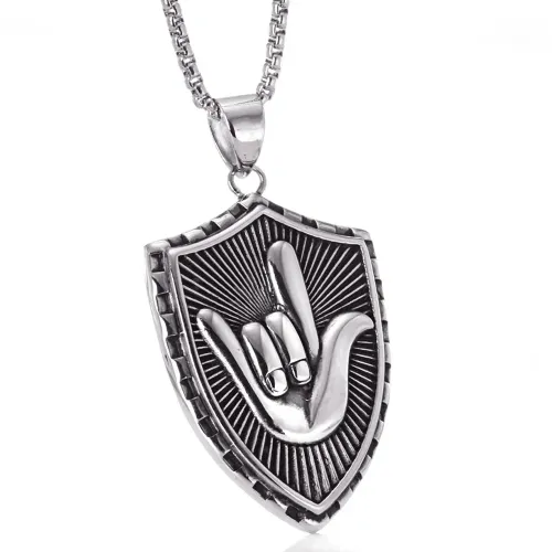 NTM2286 Love Shield Pendant Unisex Stainless Steel Hand Pattern Necklace