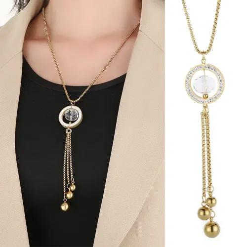 NTM2925 Lucky Bead Necklace with S Pearl Tassel for Women – Elegant Pearl Chain