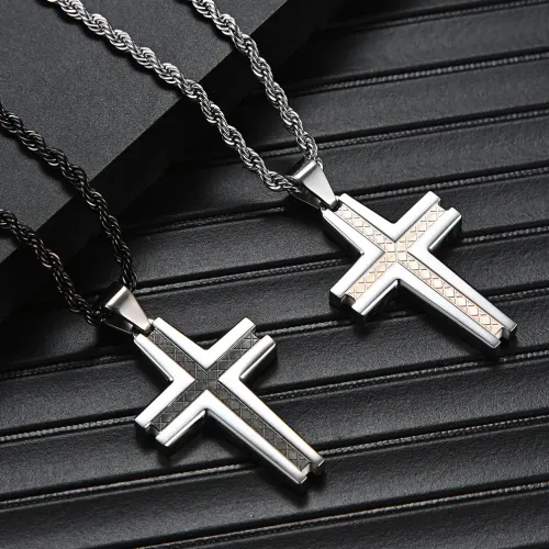 NTM1173 Custom Men's Engraved Plaid Stainless Steel Cross Necklace Sweater Chain