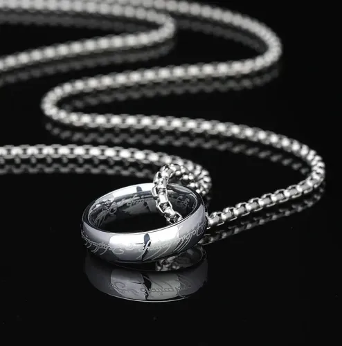 NTM1271 Lord of the Rings Inspired Stainless Steel Necklace Pearl Sweater Chain with Magic Ring Pendant Jewelry