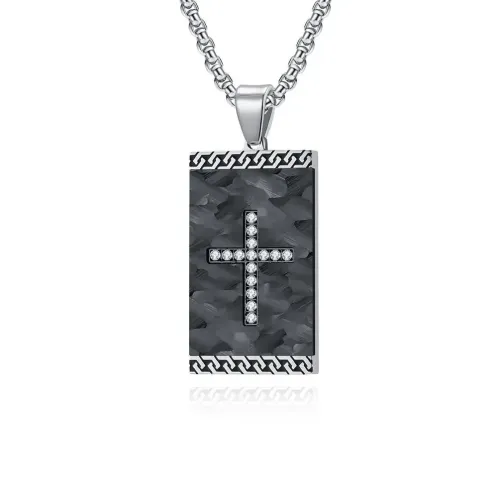 NTM1221 Men's Chain Pattern Stainless Steel Pendant with Unique Cross Stone Inlay Necklace