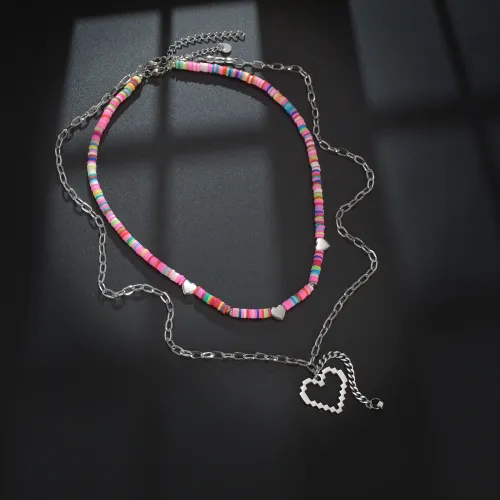 NTM3625 Band Square Patchwork Heart Pendant Necklace Stainless Steel Clavicle Chain for Women