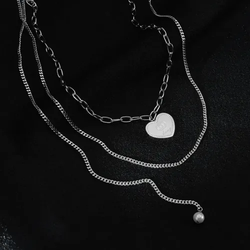 NTM3744 Korean Style Double Layered Heart engrave Pendant Sweater Chain Stainless Steel