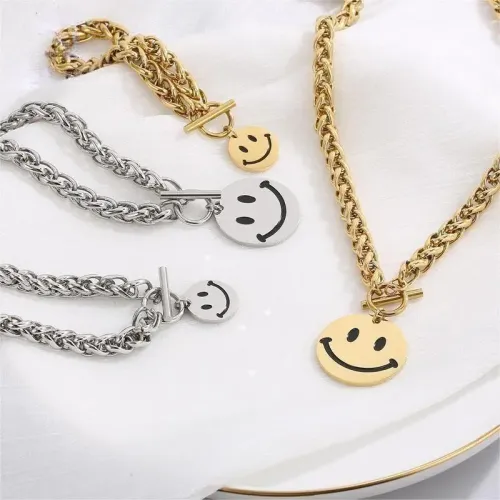 NTM2809 Smiley Face Horseshoe OT Clasp Necklace and Bracelet Set in Stainless Steel for Women