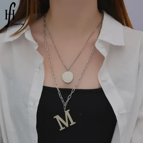 NTM3618 Stainless Steel Double Layered Thick Chain with Hollow Letter Pendant Hip Hop Necklace
