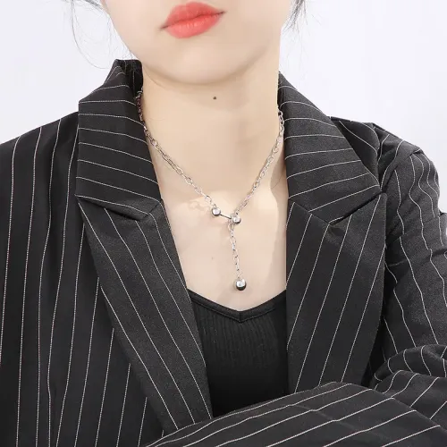 NTM2776 Women's Stainless Steel Barbell Pendant Tassel Ball Chain Necklace Chic Jewelry