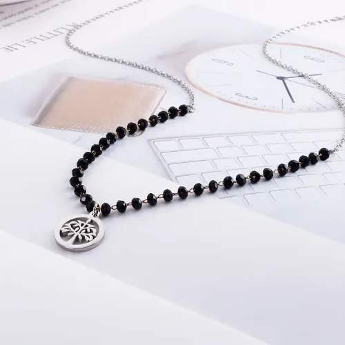 NTM2603 Custom Black Glass Bead Tree of Life Necklace Stainless Steel Women's Jewelry