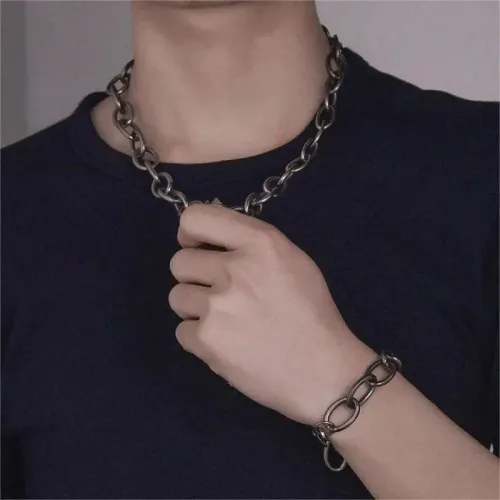 NTM3766 Men's Hip Hop Stainless Steel 3mm Thick Chain Necklace Dark O Link Bracelet