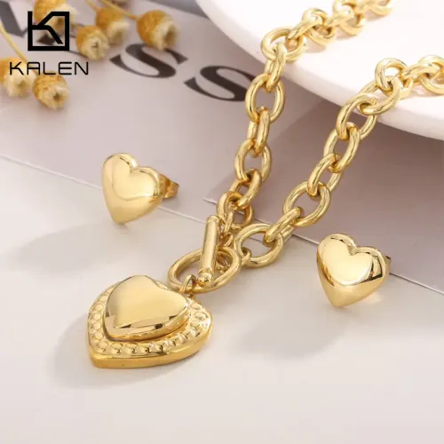NTM2578 Chunky Chain Stainless Steel Women's Necklace Set Dual Heart Pendants Polished 2 Piece