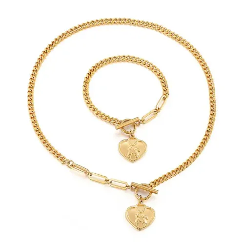 NTM3040 Gold Stainless Steel Heart Necklace Bracelet Set Women's Jewelry Gift