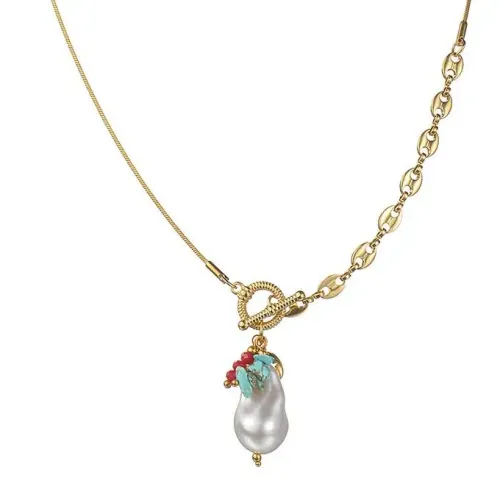 NTM3397 Pearl Turquoise Hollow Pendant Necklace with OT Clasp Stainless Steel Women's Jewelry