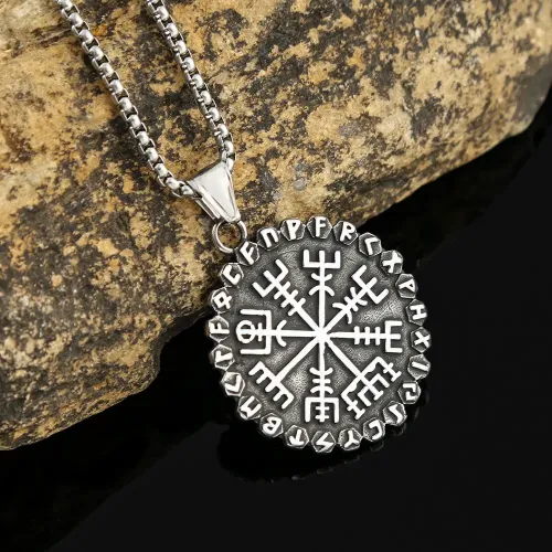 NTM1030 Viking Compass Rune Pendant Necklace Stainless Steel Amulet Jewelry