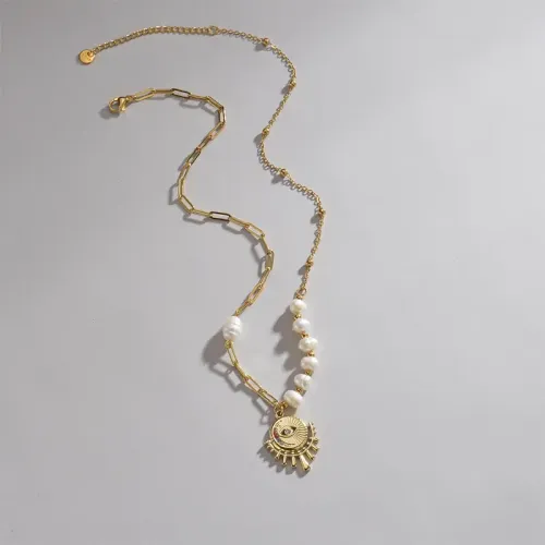 NTM3410 14K Gold Plated Stainless Steel Diamond Eye Pearl Pendant Necklace for Women