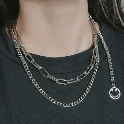 NTM3627 Smiley Face Pendant Necklace Double Layered Stainless Steel Hip Hop Choker