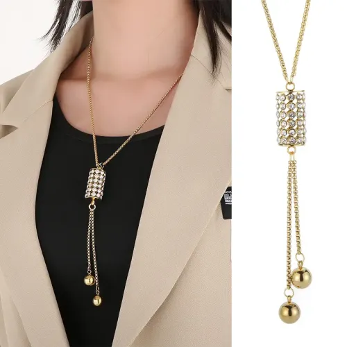 NTM2921 Gold Stainless Steel Ball Charm with Elegant Cylindrical Diamond Studded Long Necklace