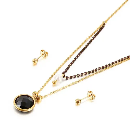 NTM2885 Ladies' Multicolor Glass Pearl Double Layer Necklace and Earring Set Stainless Steel Short Chain