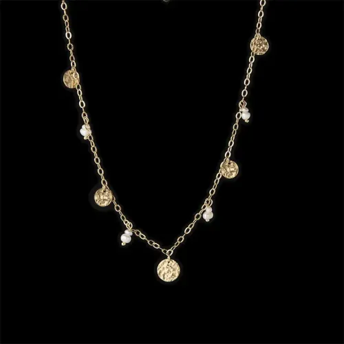 NTM3391 14K Gold Irregular Embossed Coin Necklace with Stainless Steel Pearl Clavicle Chain for Women