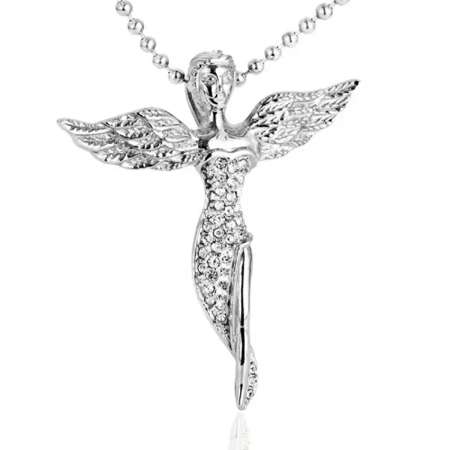 NTM2136 Angel Pendant Necklace Women's Stainless Steel Fairy Charm with Black White Diamonds