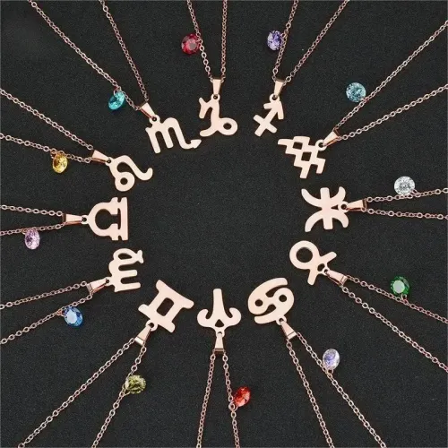 NTM3546 Stainless Steel Women's Zodiac Necklace with Birthstone Pendant Astrology Jewelry